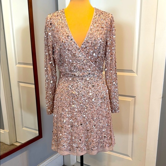 ASOS Maya Deluxe fully beaded sequin faux wrap, formal mini dress, frosted pink - Picture 3 of 16